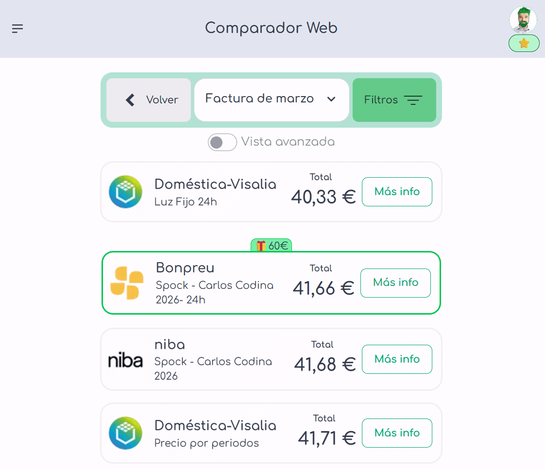 Vista previa del comparador de luz y gas